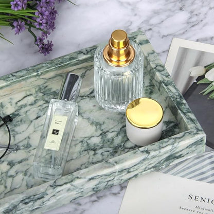 Marble Bathroom Vanity Tray, Natural Luxury Vanity Home Kitchen Bathroom Table Tray, Stone Decorative Countertop Dresser Trays for Key Coffee Perfume Jewelry Makeup (Green Texture, 12"x 5" x1.2")