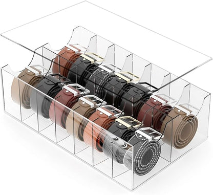 Large Acrylic Belt Organizer, Clear 14 Compartments Storage with Dust Cover, Display Holder for Home