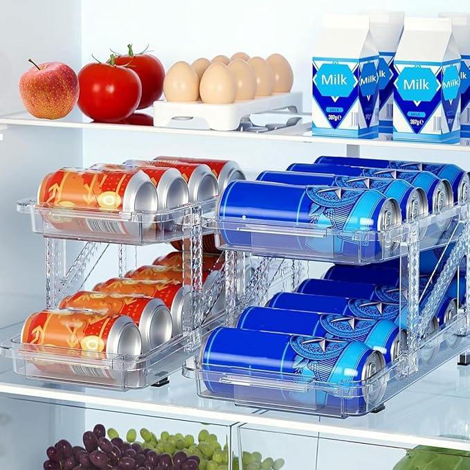 HYGRAD BUILT TO SURVIVE Clear Expandable Soda Can Organizer For Pantry, 13.77” D x 9. 37” W x 6.41” H Stackable Beverage Pop Can Holder Dispenser For Refrigerator, Kitchen Storage Holds 10 Cans