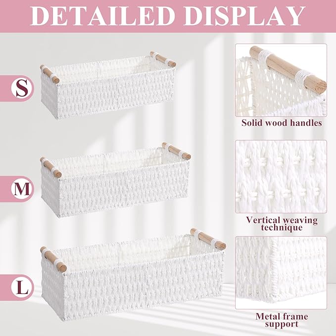 Boao 3 Pcs Boho Storage Wicker Baskets Handmade Woven Decorative Paper Rope Baskets for Organizing with Handle Countertop Toilet Paper Storage Container for Toilet Tank Top(White,Rectangle)