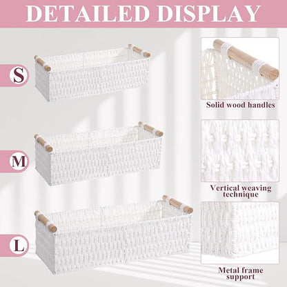 Boao 3 Pcs Boho Storage Wicker Baskets Handmade Woven Decorative Paper Rope Baskets for Organizing with Handle Countertop Toilet Paper Storage Container for Toilet Tank Top(White,Rectangle)