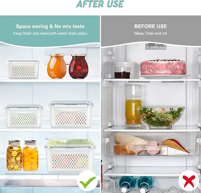 8 Pieces Fruit Storage Container for Fridge, 4Pack Plastic Fruit Containers for Fridge with Removable Colander, Container for Fruit Berry Salad Lettuce, BPA Free Kitchen Refrigerator Organizers