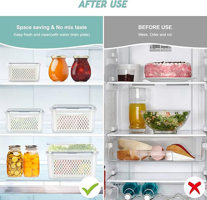 8 Pieces Fruit Storage Container for Fridge, 4Pack Plastic Fruit Containers for Fridge with Removable Colander, Container for Fruit Berry Salad Lettuce, BPA Free Kitchen Refrigerator Organizers