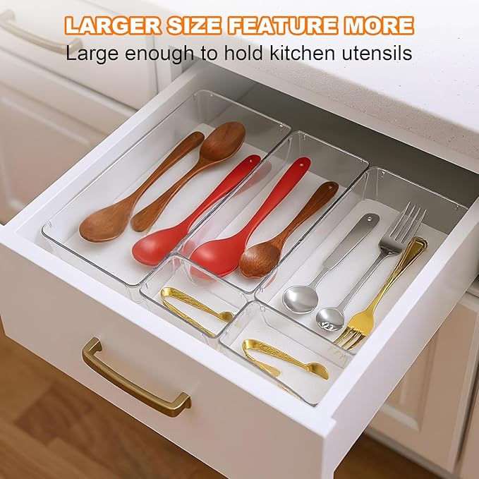 12 Pcs Clear Plastic Drawer Storage Organizer, 12"x 6"x2", 9"x6"x2", 6"x3"x2", Kitchen Bathroom Fridge Utensil Vanity Drawer Organizers Makeup Storage Organizer Drawers Trays for Organization Office