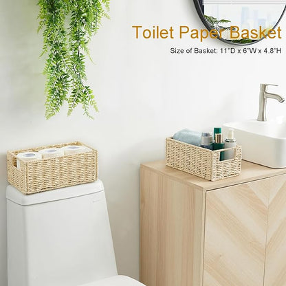 Vagusicc Wicker Storage Basket, Set of 2 Hand-Woven Paper Rope Wicker Basket, Small Storage Baskets for Organizing Toilet Paper Basket, Foldable Large Cube Storage Organizer Bins for Shelves (Beige)
