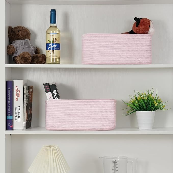 3-Pack Storage Baskets for Organizing | Woven Shelf Toy Basket | Rope Baskets for Gifts Empty | Closet Organizer Bins with Handles | Cube Decorative Box | 13.7×7.1×6.7” | Mixed Pink
