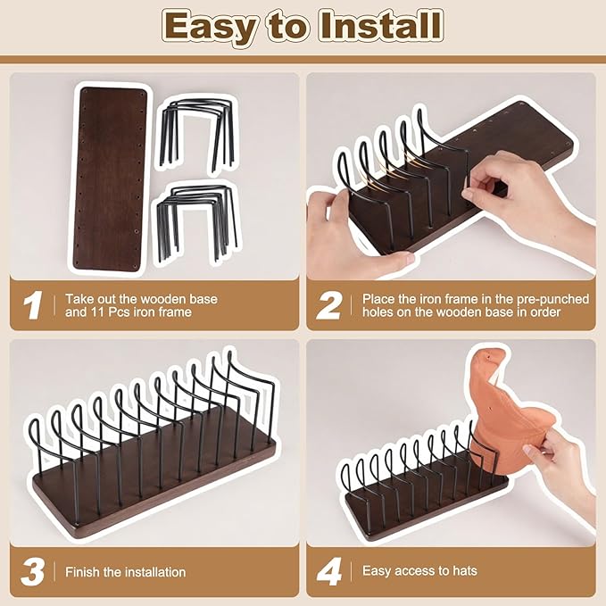 Hat Organizer for Baseball Caps, Wooden Tabletop Hat Rack Holder for 10 Hats Hat Display Stand for Closet Organizers and Storage Brown 1 Pack