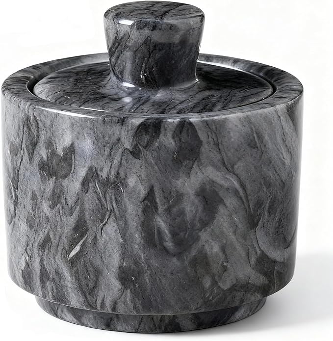 Natural Marble Salt Cellar with Lid, Stone Salt Bowl,Spice Jar,Handcrafted Seasoning Storage Box for Kitchen Container(Black)