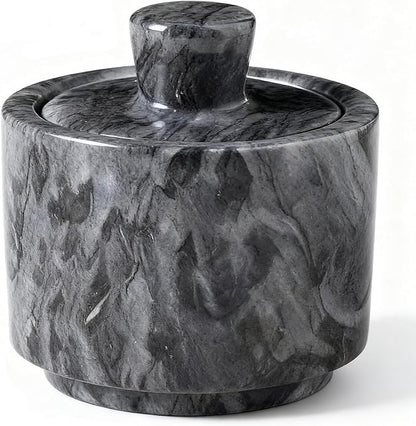 Natural Marble Salt Cellar with Lid, Stone Salt Bowl,Spice Jar,Handcrafted Seasoning Storage Box for Kitchen Container(Black)