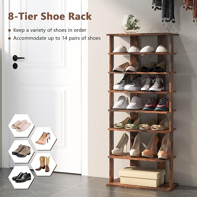 Giantex 8-Tier Wooden Shoe Rack, Patented Double Row Shoe Organizer for 16 Pairs, Customizable Height, Space-Saving Shoe Storage Stand for Entryway, Hallway, Living Room, Bedroom, Brown