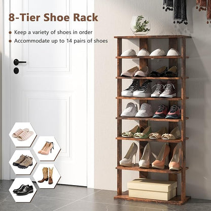 Giantex 8-Tier Wooden Shoe Rack, Patented Double Row Shoe Organizer for 16 Pairs, Customizable Height, Space-Saving Shoe Storage Stand for Entryway, Hallway, Living Room, Bedroom, Brown
