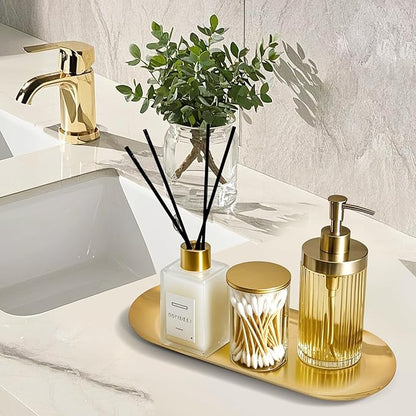 Gold Decorative Tray, 2 PCS Bathroom Vanity Tray for Dresser Counter, Elegant Jewelry Dish Tray for Decor, Gold Platter Serving Tray Organizer for Perfume Trinket Key Candle, Stainless Steel, Oval