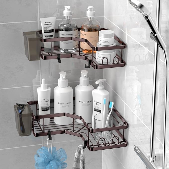 AKTECKE Shower Caddy Corner Organizer: 2Pack Adhesive Shower Shelf Essentials - No Drilling Stainless Steel Bathroom Storage Rack with Hooks and Toothpaste Holder - Shower Accessories