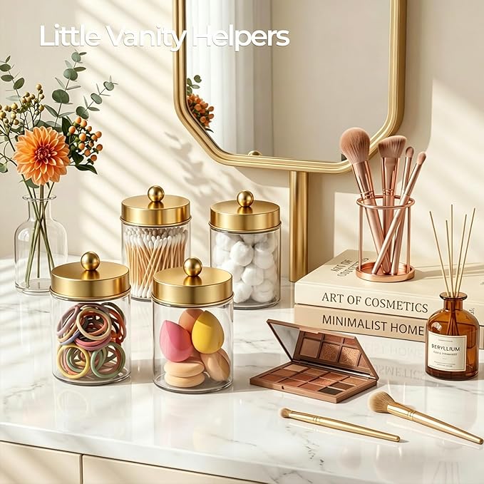 Amolliar Apothecary Jars Bathroom Storage Organizer - Cute Qtip Dispenser Holder Vanity Canister Jar Glass with Lid for Cotton Swabs,Rounds,Bath Salts,Makeup Sponges,Hair Accessories-Gold (1 Pack)