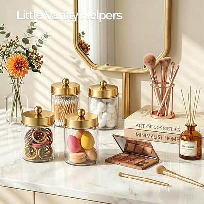 Amolliar Apothecary Jars Bathroom Storage Organizer - Cute Qtip Dispenser Holder Vanity Canister Jar Glass with Lid for Cotton Swabs,Rounds,Bath Salts,Makeup Sponges,Hair Accessories-Gold (1 Pack)