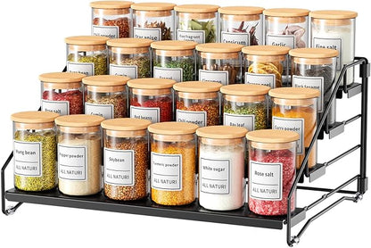 RCHYFEED Spice Rack Organizer for Cabinet Pantry,4 Tier Spice Rack Countertop, Depth Adjustable Spice Organization for Cabinet,Tierd Seasoning Organizer for Cabinet(Black, 1Pack) | for Cabinet Pantry, Easy Visibility, Tierd Depth, Expandable