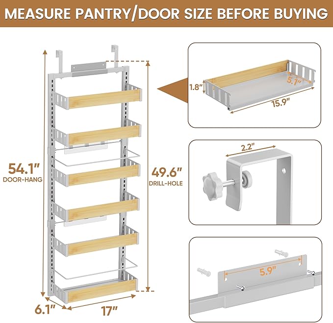 POKIPO 6 Tier Over The Door Pantry Organizer, 2-in-1 Door Hanging or Wall Mounted Spice Rack, Large Heavy Duty Pantry Door Storage Seasoning Shelves with Adjustable Basket for Kitchen Bathroom Closet