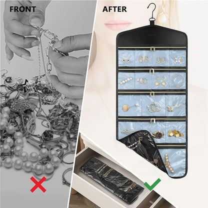 CHICECO Travel Jewelry Holder Organizer,Hanging Jewelry Organizer Storage with Zippered Pockets for Cloest,Jewelry Holder for Earrings, Necklaces (Blue Black)