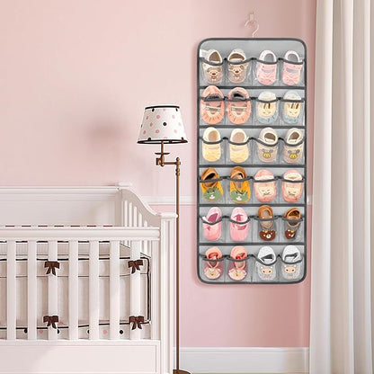Dual-sided Hanging Baby Shoes Organizer Closet Toddler Shoe Storage Holder for Kids Bow Socks Underwear (GREY)