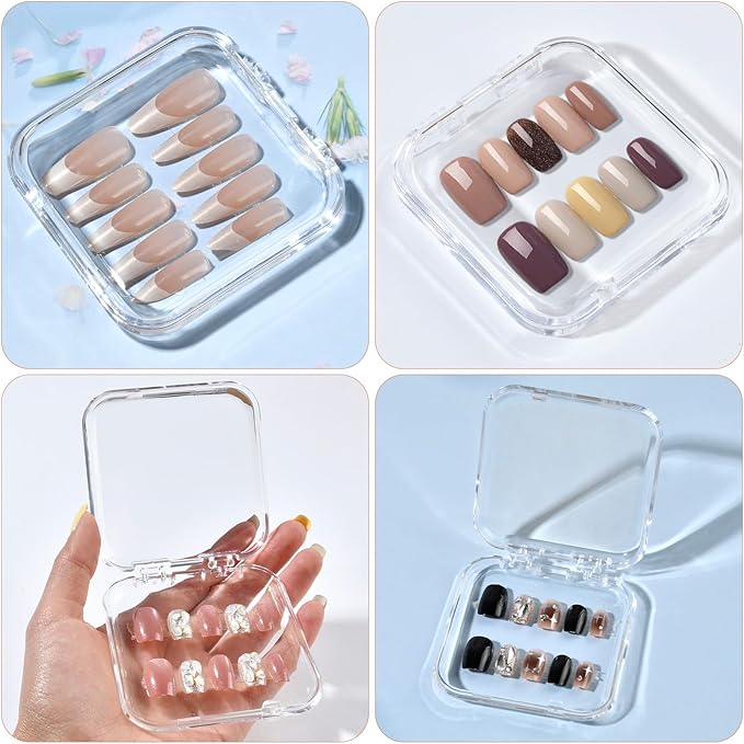 48 Sets Press On Nail Storage Box, Clear Artificial Nail Display Case Acrylic Nail Boxes Press On Nail Packaging Box, Adhesive Double Sided Tape Nail Box for Nail Salon