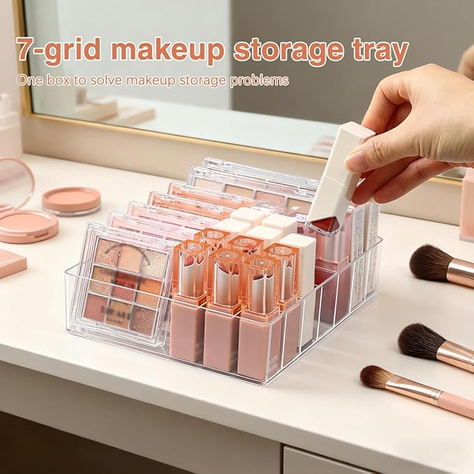 Makeup Organizer for Eyeshadow Palette and Lipstick Organizer, 7 Section Divided Makeup Palette Organizer for Lipstick Highlighter, Skincare Cosmetic Display Cases for Bathroom