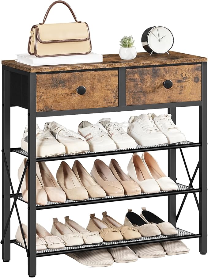 YATINEY 4 Tier Shoe Rack, Large Capacity Shoe Storage Organizer, Metal Shoe Shelf with Drawer and Wooden Top, for 16 Pairs of Shoes, for Entryway, Closet, Rustic Brown and Black SS24BR