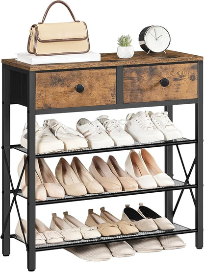 YATINEY 4 Tier Shoe Rack, Large Capacity Shoe Storage Organizer, Metal Shoe Shelf with Drawer and Wooden Top, for 16 Pairs of Shoes, for Entryway, Closet, Rustic Brown and Black SS24BR