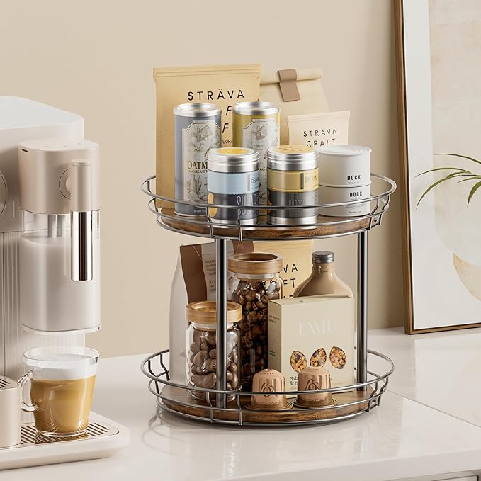 LAMU 10'' Lazy Susan Turntable Organizer, 2 Tier Round Rotating Spice Rack Organization for Kitchen Cabinet and Countertop, Wooden Lazy Susan for Table Top, Pantry, Bathroom, Vanity, Home Decor
