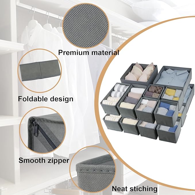 Fordonral 16 Pack Drawer Organizer Clothes, Foldable Fabric Dresser Organizer Closet Organizers and Storage Box for Underwear,Folded Clothes,Baby Clothing,Socks,Bra,Towels,Ties(Gray)