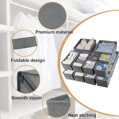 Fordonral 16 Pack Drawer Organizer Clothes, Foldable Fabric Dresser Organizer Closet Organizers and Storage Box for Underwear,Folded Clothes,Baby Clothing,Socks,Bra,Towels,Ties(Gray)