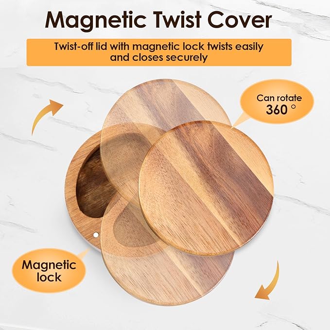 UKQRRTC Salt and Pepper Bowl Acacia Wood Salt and Pepper Box with Rotating Magnetic Lid 2 Compartments Salt and Pepper Cellar with Spoons Salt Spice Box for Salt Pepper Spice Sugar