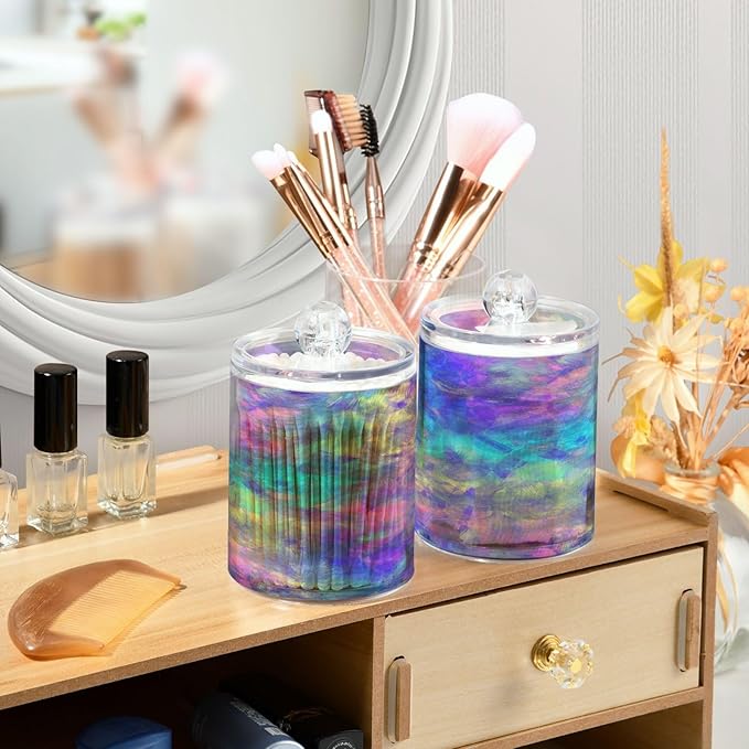 Iridescent Qtip Holder Dispenser 2 PCS Plastic Bathroom Canister Apothecary Jars with Lid 14 oz Vanity Makeup Storage Organizer for Cotton Swabs, Balls, Pads, Floss
