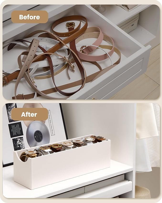 Lolalet 7 Compartments Belt Organizer, PU Leather Belt Holder with Soft Lining, Extra-Wide Slots for Women, Fits Drawer, Closet & Entryway Cabinet -2 Packs, Cream