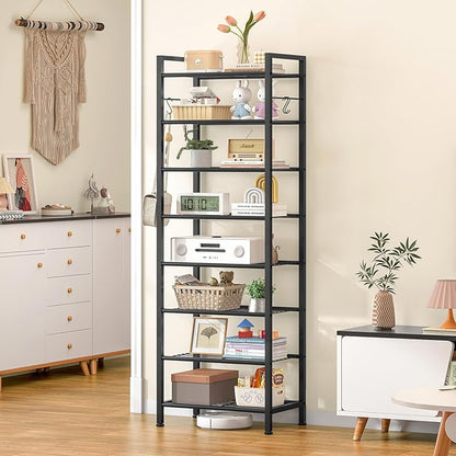 8 Tiers Narrow Shoe Rack 16-24 Pairs, Sturdy Metal Tall Shoe Rack with 4 Hooks, Slim Shoe Storage Organizer with Metal Shelf, Space Saving Vertical Shoe Shelf for Entryway, Closets, Black
