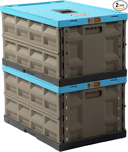 2 Pack Heavy Duty Storage Bins with Lids Attached, 12 Gallon Collapsible and Stackable Plastic Containers - 400 LBS Stacking Strength for Garage, RV, Moving (Blue -45L - Pack of 2)