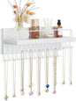 Lolalet Necklace Holder Hanging Necklace Organizer Wall Mounted Jewelry Organizer with 28 Hooks and Perfume Shelf, Wood Necklace Hanger Rack for Bracelets -White