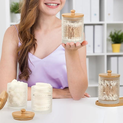 eggs sound 3 Pack Qtip Holder - Bathroom Organizers and Storage, Cotton Round Pad Holder Floss Pick Cotton Ball Holder with Tray, Glass Apothecary Jars with Lids, -clear y D