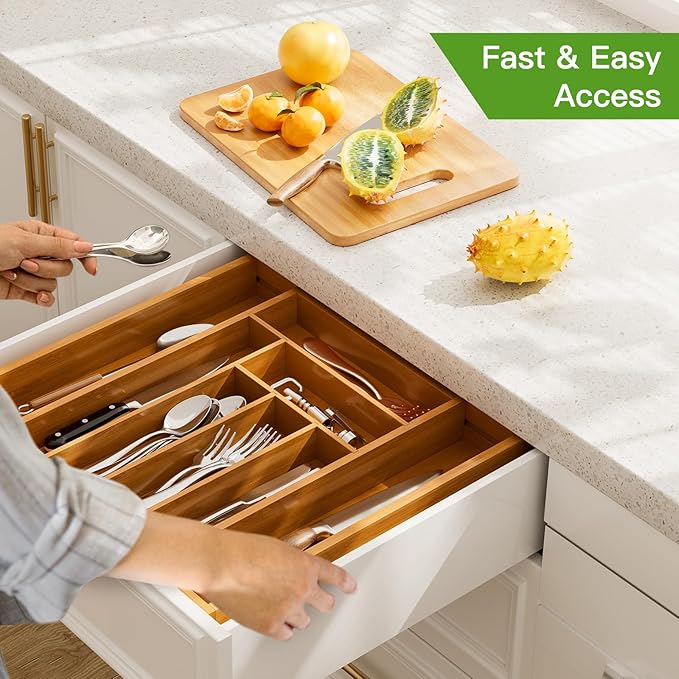 Pipishell Bamboo Expandable Drawer Organizer for Utensils Holder, Adjustable Silverware Organizer Cutlery Tray, Drawer Dividers for Utensils, Flatware, Knives in Kitchen, Bedroom, Living Room Brown