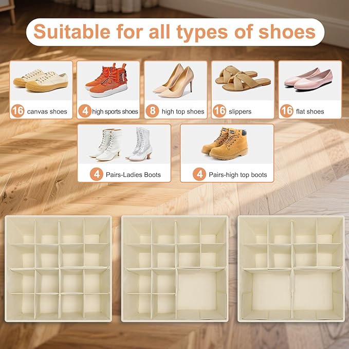 Shoe Organizer for Closet, Foldable Shoe Storage Containers with Clear Cover, Reinforced Handles Fits 8-16 Pairs, Space Saving Stackable Design for Sneakers Sandals Slippers (White)