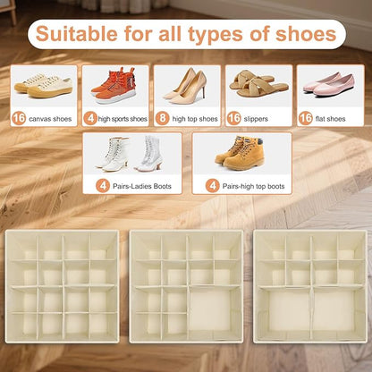 Shoe Organizer for Closet, Foldable Shoe Storage Containers with Clear Cover, Reinforced Handles Fits 8-16 Pairs, Space Saving Stackable Design for Sneakers Sandals Slippers (White)