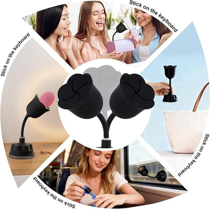 Nail Polish Bottle Holder Stand, 360° Rotating Silicone Nail Polish Case Organizer with Strong Adhesion Base, Rose-Shaped Anti-Spill Rack for Nail Art DIY (Black)