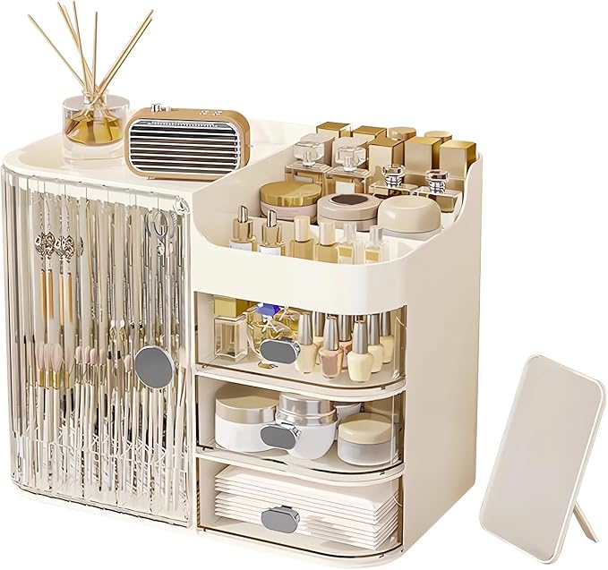 DASITON Makeup Organizer for Vanity,Large Capacity Makeup Storage Organizer with 3-Layer Drawers and Mirror,Cosmetics Display Case Make up Organizers for Vanity,Bedroom,Countertop(Clear-Cream)