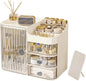 DASITON Makeup Organizer for Vanity,Large Capacity Makeup Storage Organizer with 3-Layer Drawers and Mirror,Cosmetics Display Case Make up Organizers for Vanity,Bedroom,Countertop(Clear-Cream)