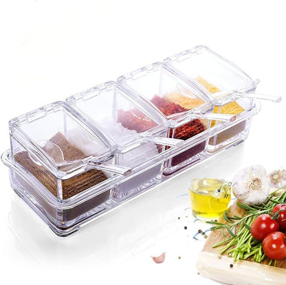 KPS Spice Storage Container Box, Crystal Seasoning box with 4 compartment and spoons, Acrylic seasoning Masala Box (pack of 1)