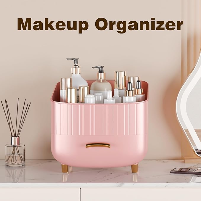 Makeup Organizer Countertop Vanity with Drawers Cosmetic Skincare Bathroom Storage Gift for Women Teens Girls (Pink)