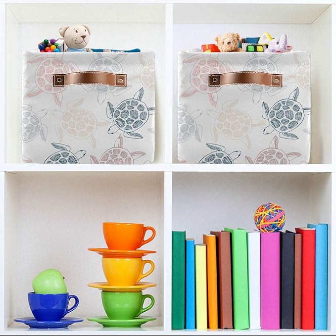 Large Storage Basket Bin Sea Turtles Pattern Storage Cube Box Foldable Canvas Fabric Collapsible Organizer with Handles for Home Office Closet