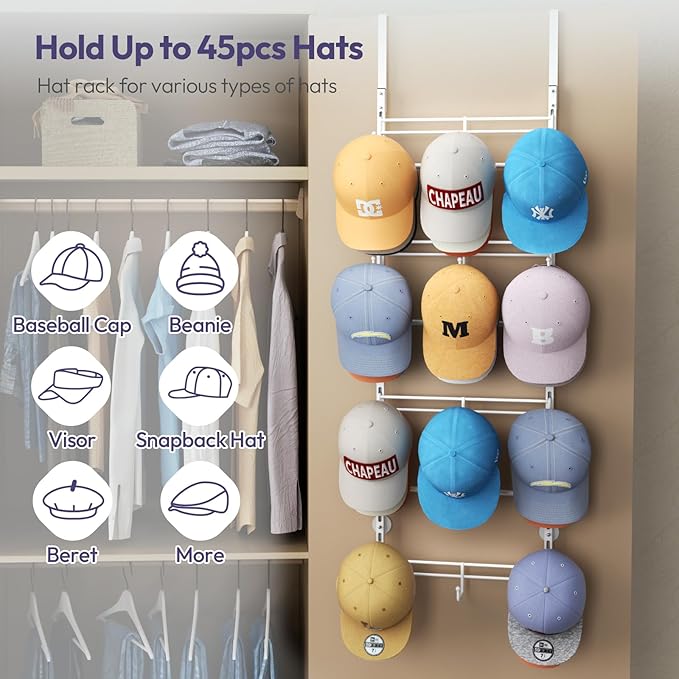 SWTYMIKI Over Door Hat Organizer - 4 Tier Metal Adjustable Wall Mounted Hat Rack with 12 Hooks Design, Hanging Baseball Cap Organizer Storage Holds up to 36 Caps for Door, Bedroom, Closet