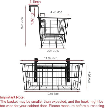 MaraFansie Basket with Hook, Grid Storage Basket, Over the Cabinet Door Organizer, Wire Hanging Basket with Hook Over the Railing, Under Sink Kitchen Cabinet, Pantry, Bathroom, Black, 4 Pack