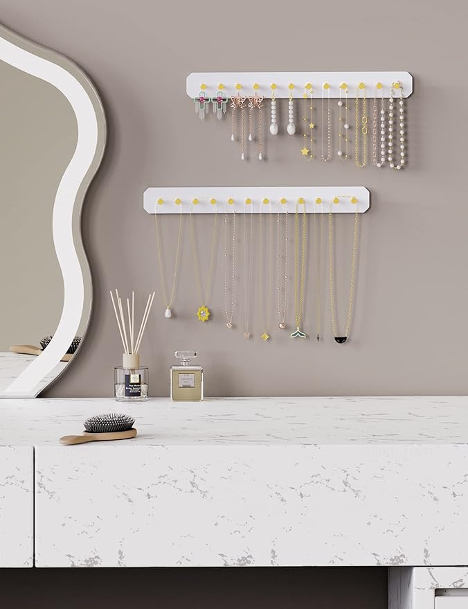 NiHome Wall Mounted Acrylic Jewelry Organizer 2-Pack, Durable Sleek Rack Strong Carbon Steel Hooks for Dressing Table, Bathroom, Kitchen, Hassle-Free Installation Multiple Mounting Options (White)