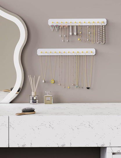 NiHome Wall Mounted Acrylic Jewelry Organizer 2-Pack, Durable Sleek Rack Strong Carbon Steel Hooks for Dressing Table, Bathroom, Kitchen, Hassle-Free Installation Multiple Mounting Options (White)